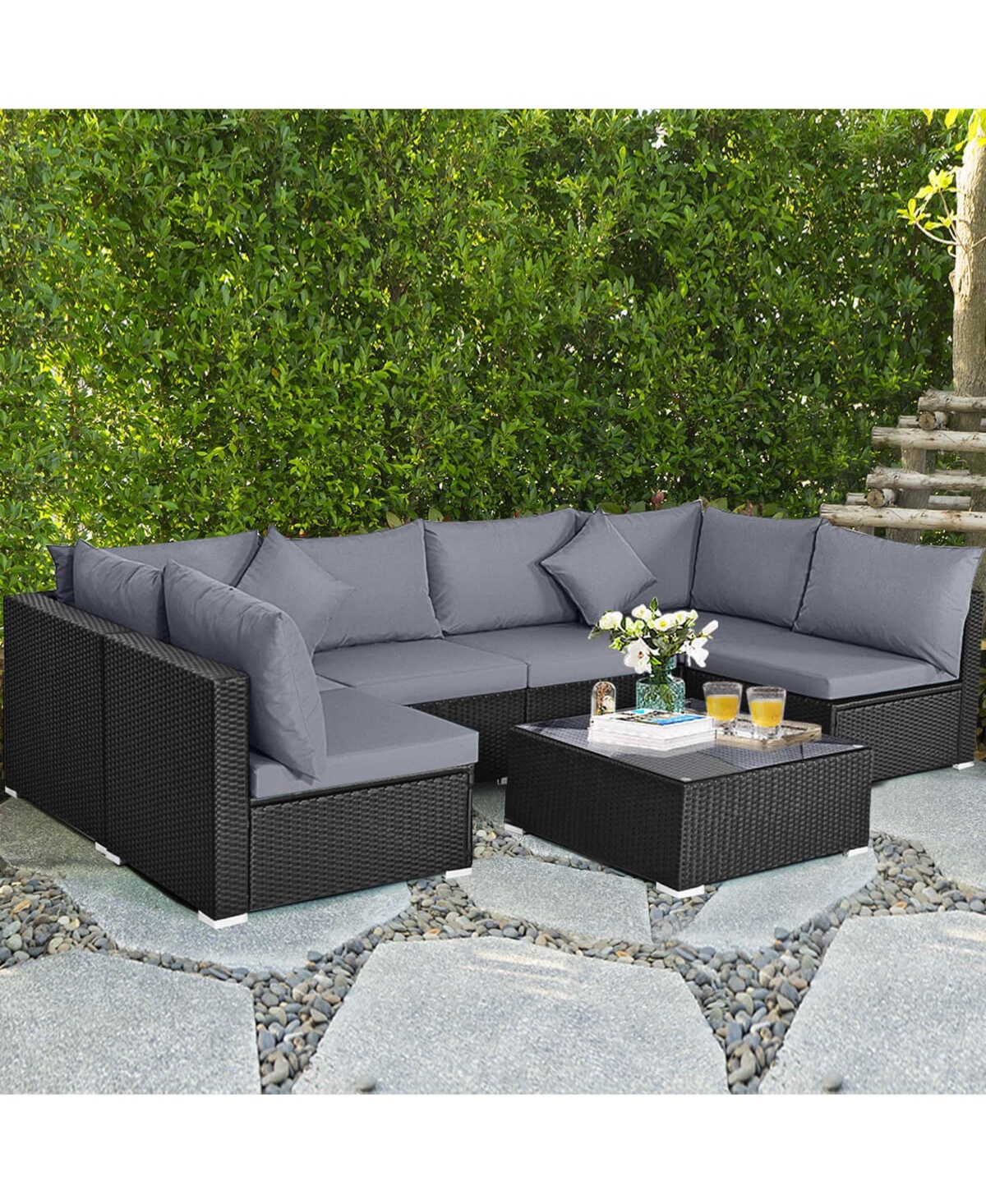 7PCS Patio Wicker Sofa Set Sectional Conversation Furniture Garden