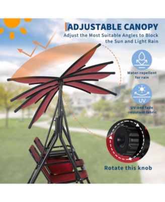 2-Person Porch Swing with Cup Holders, Pivot Storage Table & Cooler Bag, Adjustable Canopy, Steel Frame Outdoor Patio Swing for Backyard