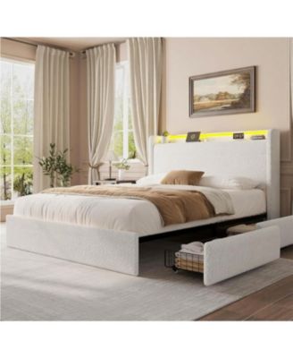 LED Bed Frame with 4 Storage Drawers and Storage Headboard, Soft Boucle Upholstered Platform Bed Frame with Charging Station and USB