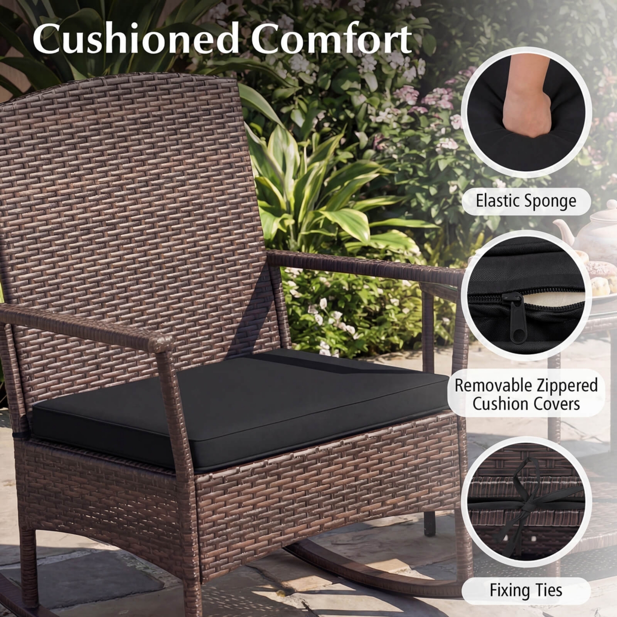3 Piece Patio Rocking Set Wicker Chairs with 2-Tier Coffee Table