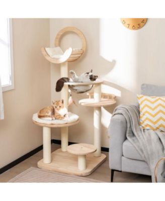4-in-1 Wooden Cat Tower with Space Capsule Nest, Indoor Cat Tree for Climbing & Lounging