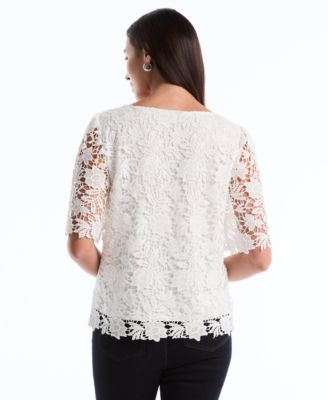 Petite Scalloped Elbow-Sleeve Lace Top