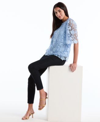 Petite Scalloped Elbow-Sleeve Lace Top