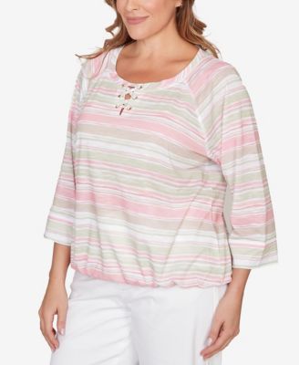 Plus Size Printed Slub Blouson with Lace Up Neck