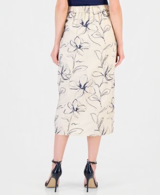 Women's Linen-Blend Embroidered Faux-Wrap Midi Skirt