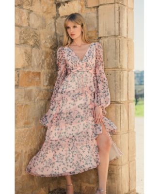 Women's Elegant Puff Sleeve Floral Midi Dress with A-Line Silhouette and Side Pockets