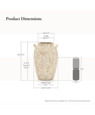 Vintage Pottery Off-White with Brown 15.75-Inch Tall Round Ceramic Vase