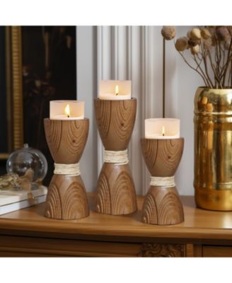 3-Piece Pine Wood with Rattan Pillar Candle Holder Set