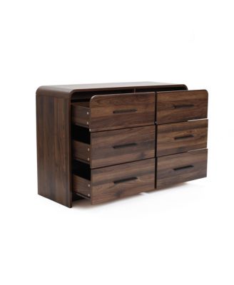 Modern Walnut Finish 6-Drawer Dresser, Engineered Wood Storage Chest with Rounded Corners