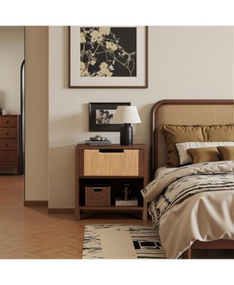 Walnut Finish MDF Wood with Rope Front 1-Drawer Nightstand and End Table