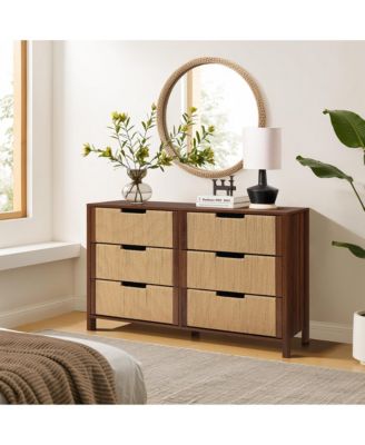 Walnut Finish MDF Wood with Rope Front 6-Drawer Horizontal Dresser