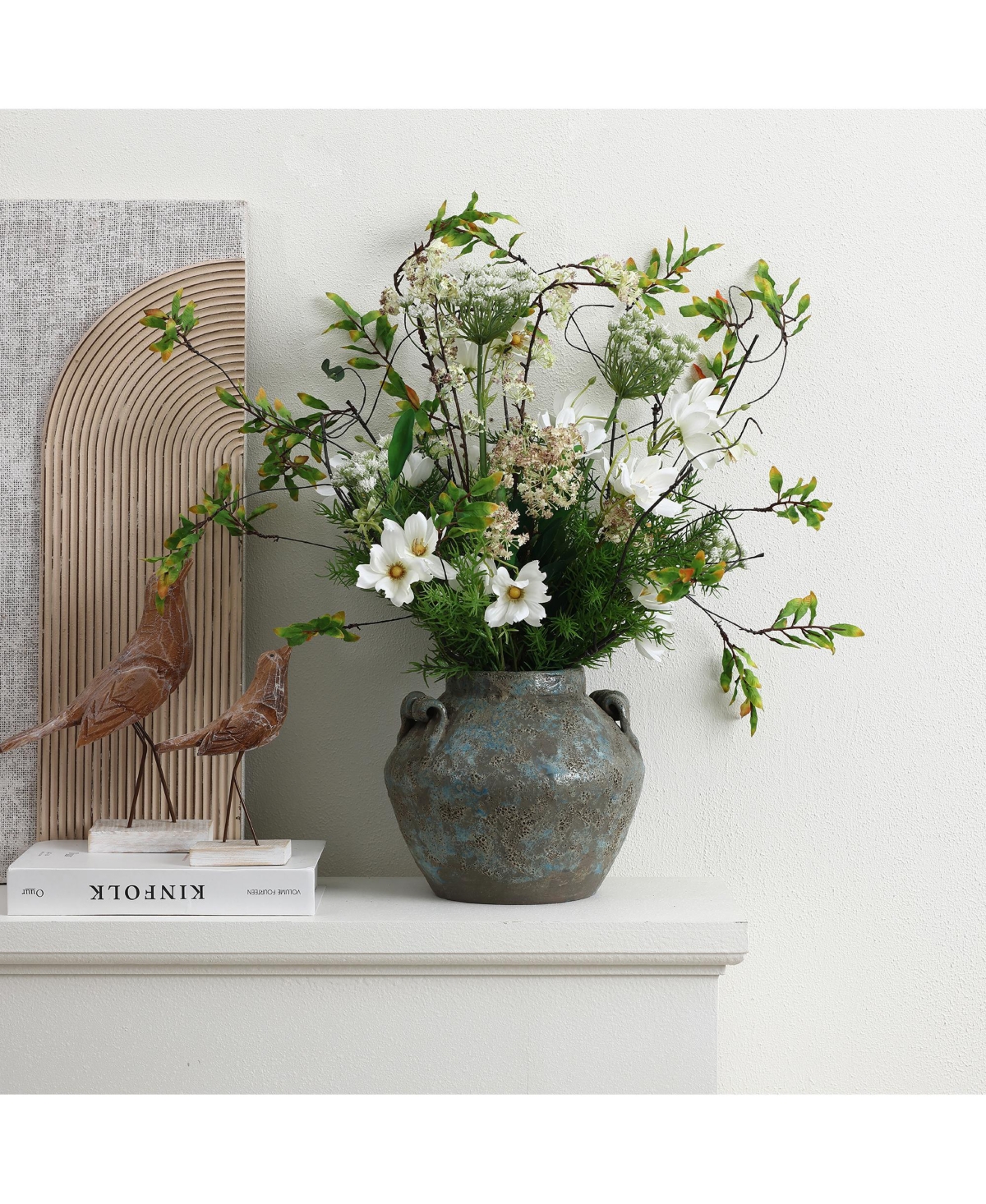 LuxenHome Antiqued Blue & Brown Terracotta Vase with Handles, 9" Round Farmhouse Vintage Pottery