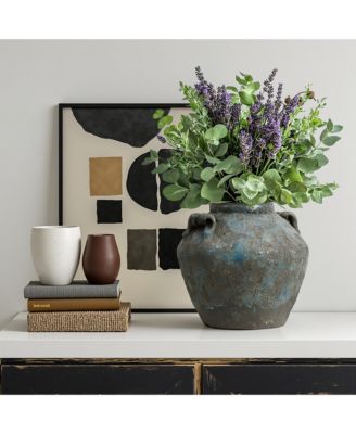 Antiqued Blue & Brown Terracotta Vase with Handles, 11" Round Farmhouse Vintage Pottery