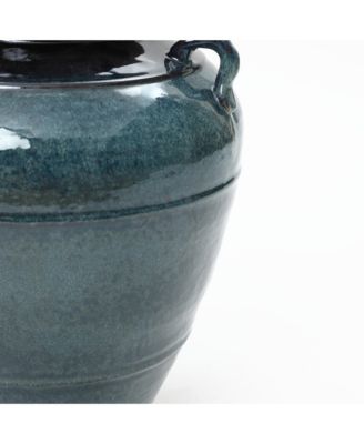 Ocean Blue Ceramic Vase with Handles, 15.75" Tall Amphora Pot for Rustic or Coastal Decor