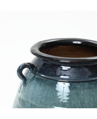 Ocean Blue Ceramic Vase with Handles, 17.5" Tall Rounded Pot for Rustic or Coastal Decor