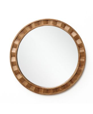 Natural Wood Frame Round Wall Mirror, 28” Rustic Wooden Decor