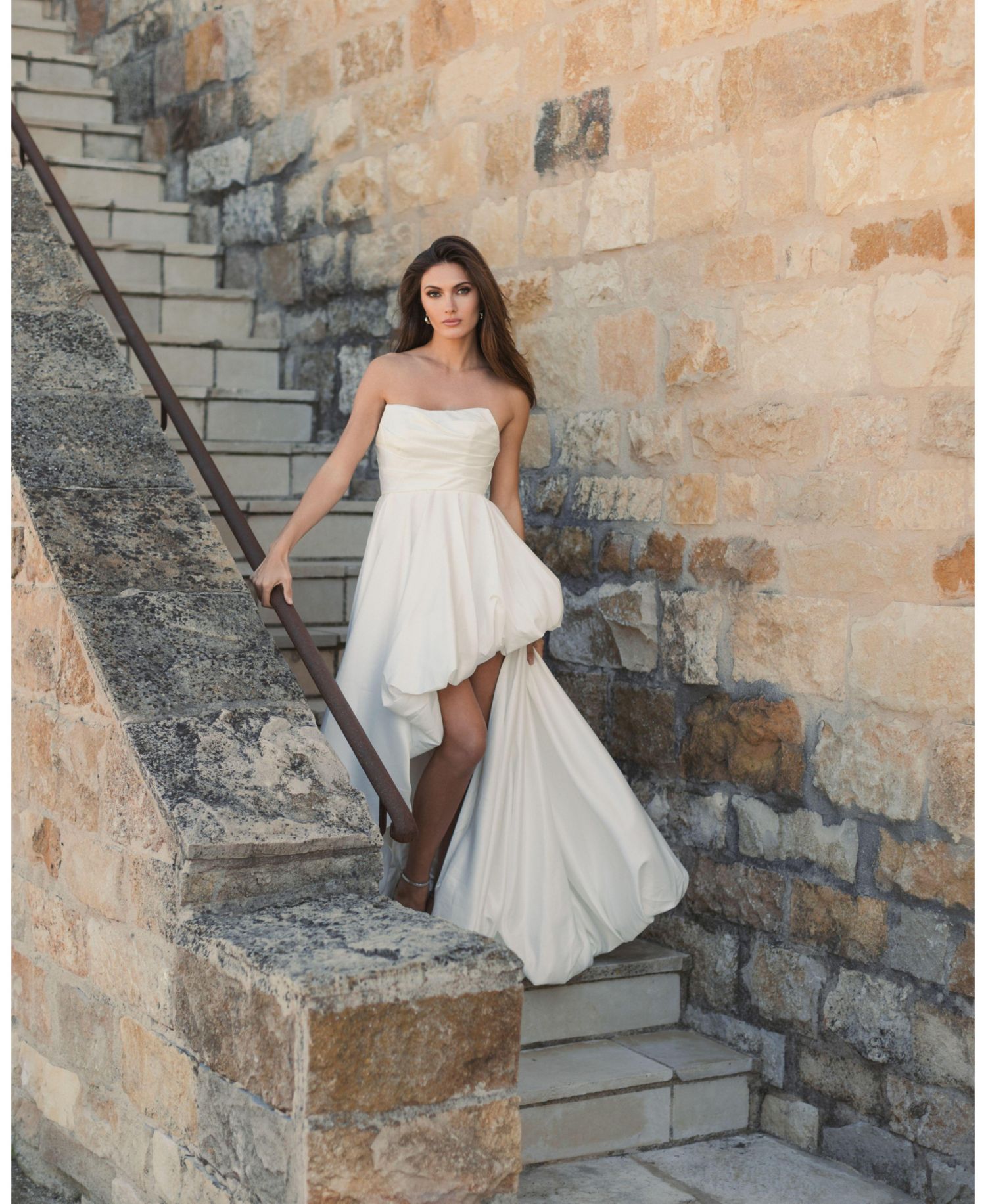 Women's Strapless High-Low Satin Gown with Draped Skirt