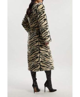 Women's Faux Fur Collarless Tie Belted Midi Coat