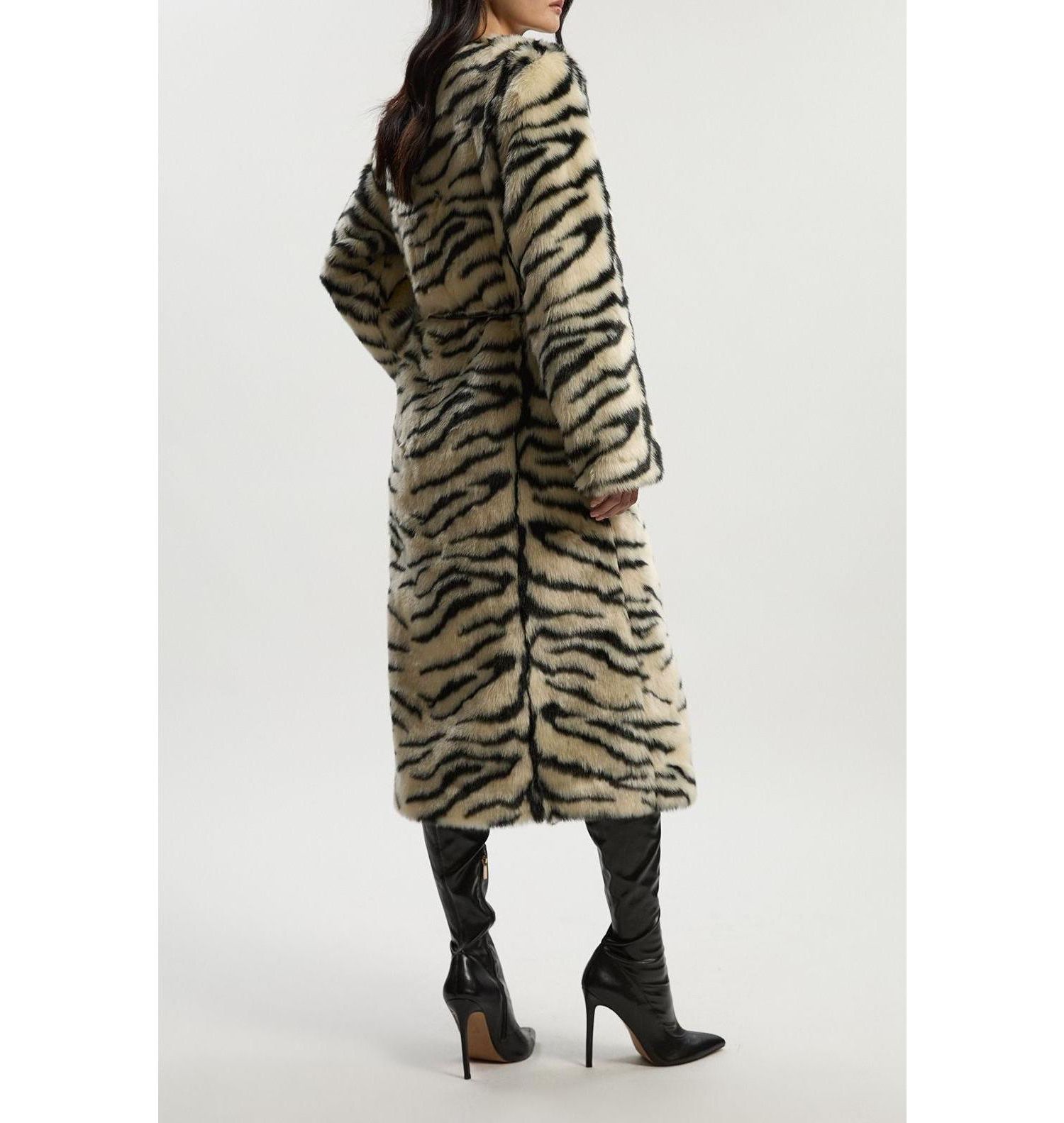 Women's Faux Fur Collarless Tie Belted Midi Coat