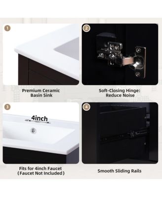 24" Bathroom Vanity with Ceramic Basin, Modern Cabinet with 2 Drawers, Soft-Closing Door & Adjustable Shelf for Small Bathrooms