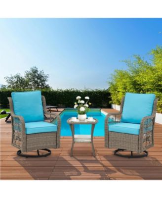 3-Piece Outdoor Patio Bistro Set - PE Wicker 360° Swivel Glider Chairs with Thick Cushions & Tempered Glass Table,Rattan Furniture for Porch