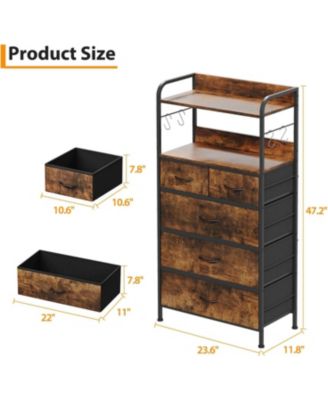 Slim Tall Dresser with Metal Frame, Wood Top, Open Shelf & Hooks Chest Organizer
