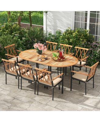 9 PCS Patio Dining Set Table w/ Acacia Wood Top and Umbrella Hole Metal Frame