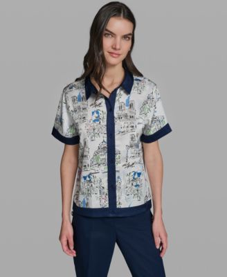 Women's Short-Sleeve Collared Printed Camp Shirt