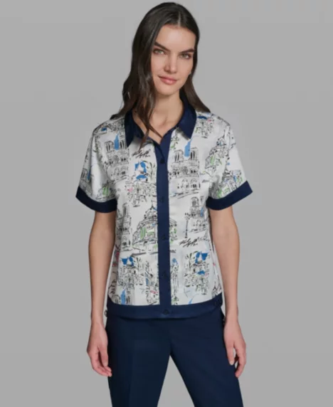 Women's Short-Sleeve Collared Printed Camp Shirt, Regular & Petite - Naval Academy/Soft White