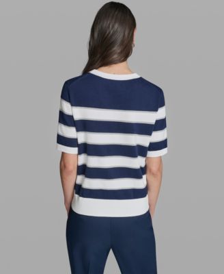 Women's Short-Sleeve Crewneck Sequin Stripe Sweater