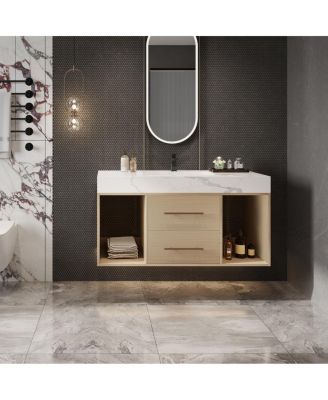 Floating Bathroom Vanity with Ceramic Sink, Sintered Stone Top, 2 Soft Close Drawers, Wall Mounted Modern Cabinet