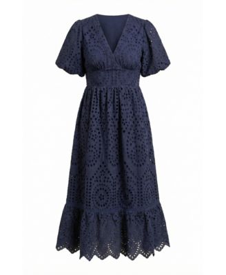 Women's Puff-Sleeve Eyelet Smocked-Waist Midi Dress