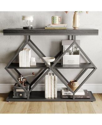 3-Tier Narrow Farmhouse Console Table for Living Room – Entryway Accent Furniture with Storage Shelves, Geometric Metal Legs, Easy Assembly