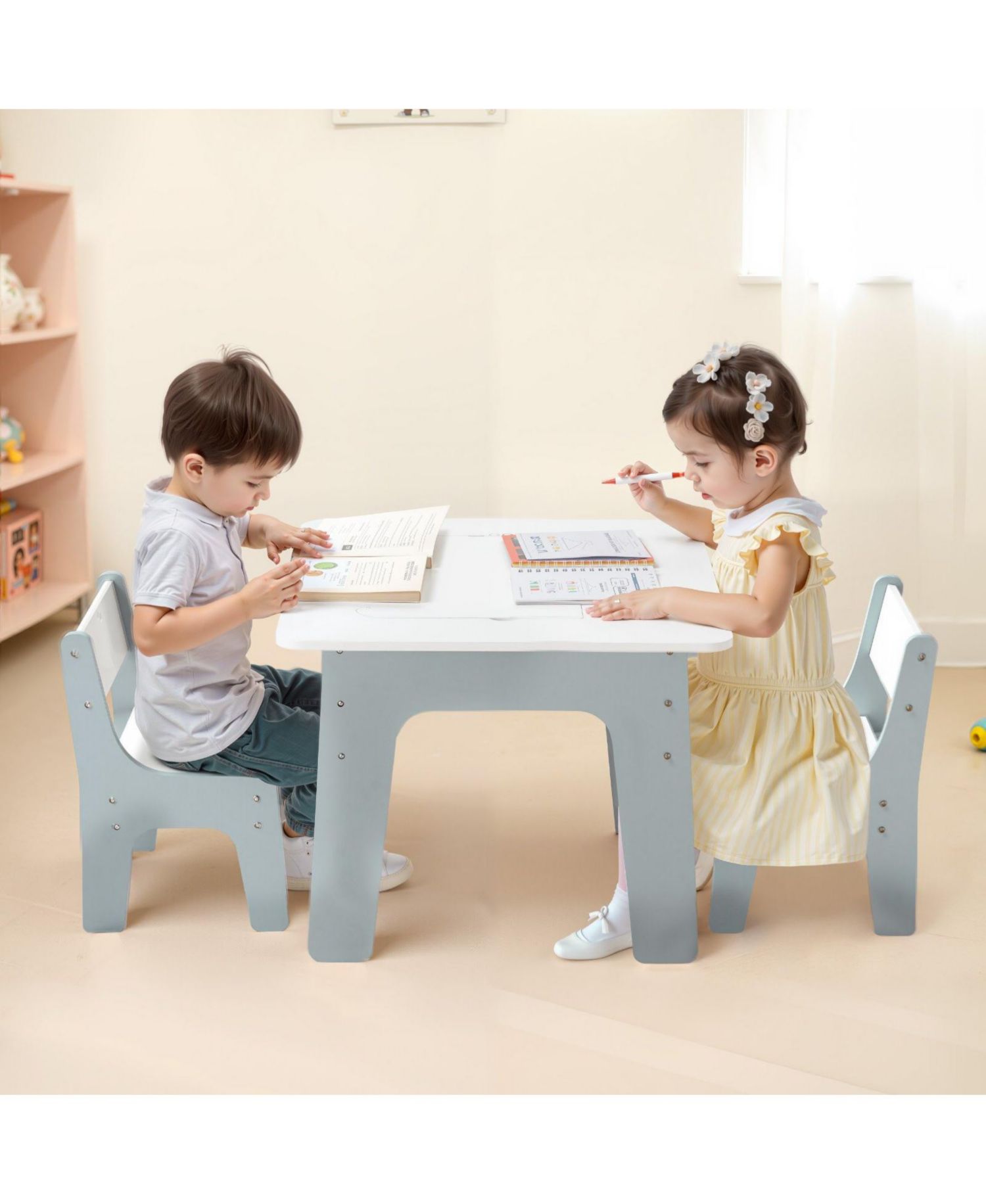 4-in-1 Kids Activity Table & 2 Chairs Set, Double-Sided Graffiti/Blocks Top w/ Storage, Ages 3+