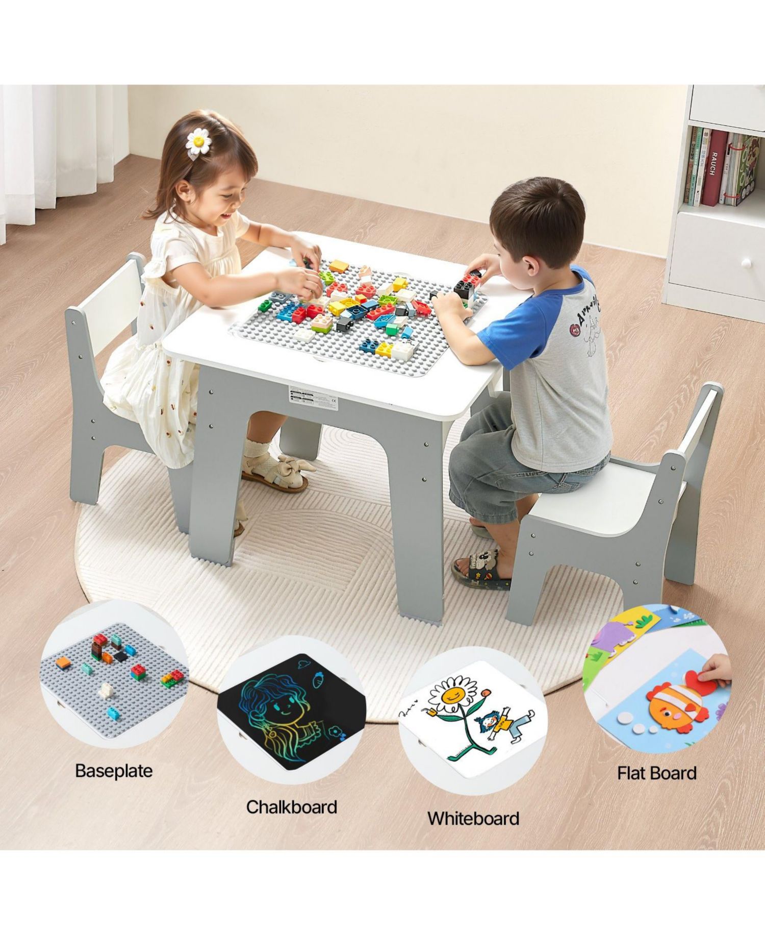 4-in-1 Kids Activity Table & 2 Chairs Set, Double-Sided Graffiti/Blocks Top w/ Storage, Ages 3+