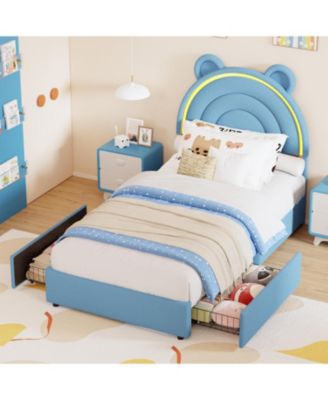 Bed Frame with 4 Storage Drawers & LED Lights, Velvet Upholstered Platform Bed with Rainbow Headboard for Kids/Boys