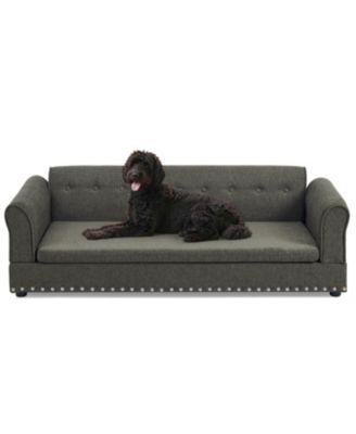 Oversized Pet Sofa, Modern Linen Fabric Elevated Dog Bed with Backrest & Armrest for Large Dogs