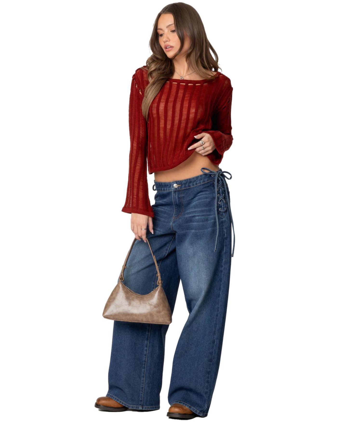Женский топ Edikted Sagir Sheer Ladder Knit, цвет: Бордовый — фото 5