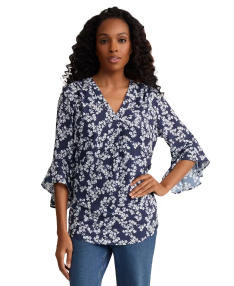 Petite V-Neck Flutter Sleeve Blouse - Pacific Navy