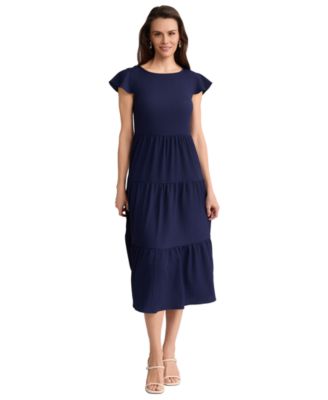 Petite Boat Neck Flutter-Sleeve Tiered Midi Dress
