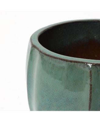 Glossy Gradient Teal Ceramic Planter, 10-Inch Tall Ridged Container with Connected Tray