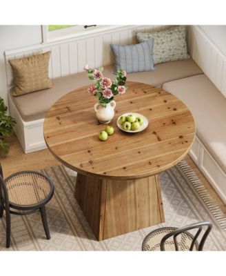 Solid Wood Round Dining Table, Farmhouse Kitchen Table for 2-4 People