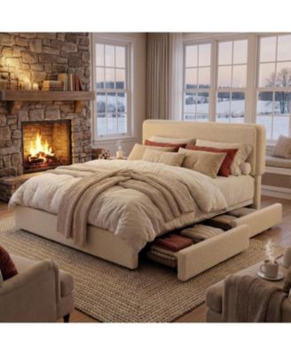 Teddy Fleece Bed Frame, Bed Frame with 2 Storage Drawer and Adjustable Headboard, Soft Teddy Fabric, Easy Assembly