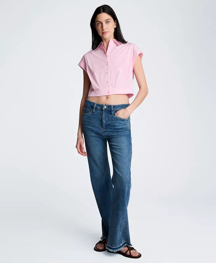Women's Short-Sleeve Button-Front Collared Cropped Shirt - thumbnail 9