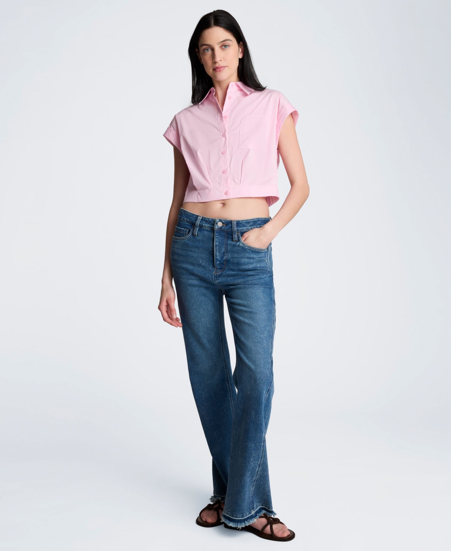Women's Short-Sleeve Button-Front Collared Cropped Shirt