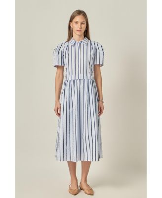 Women's Striped Pleated Shoulder Shirt Midi Dress