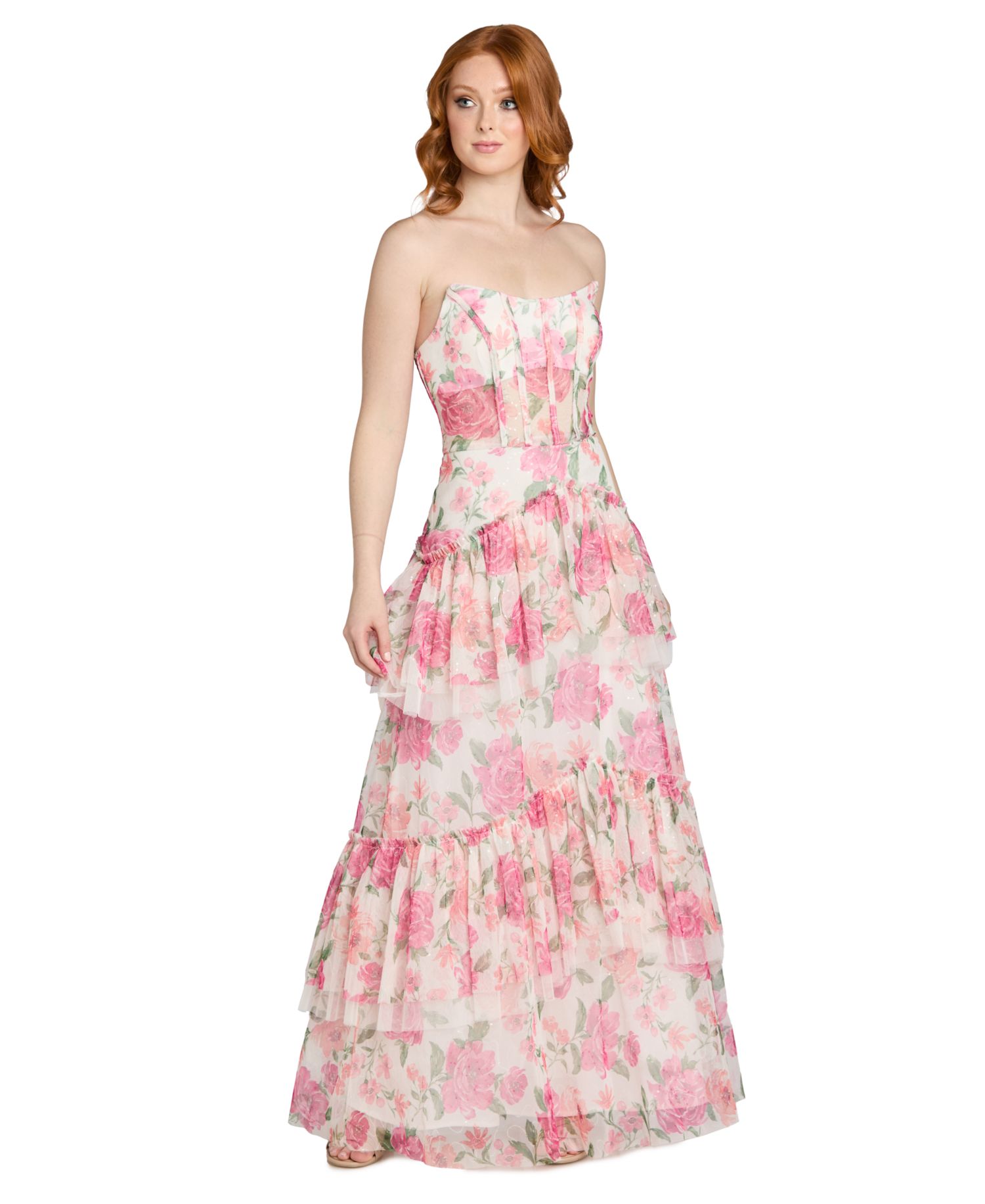 Juniors' Sequin Floral Corset Strapless Ball-Gown