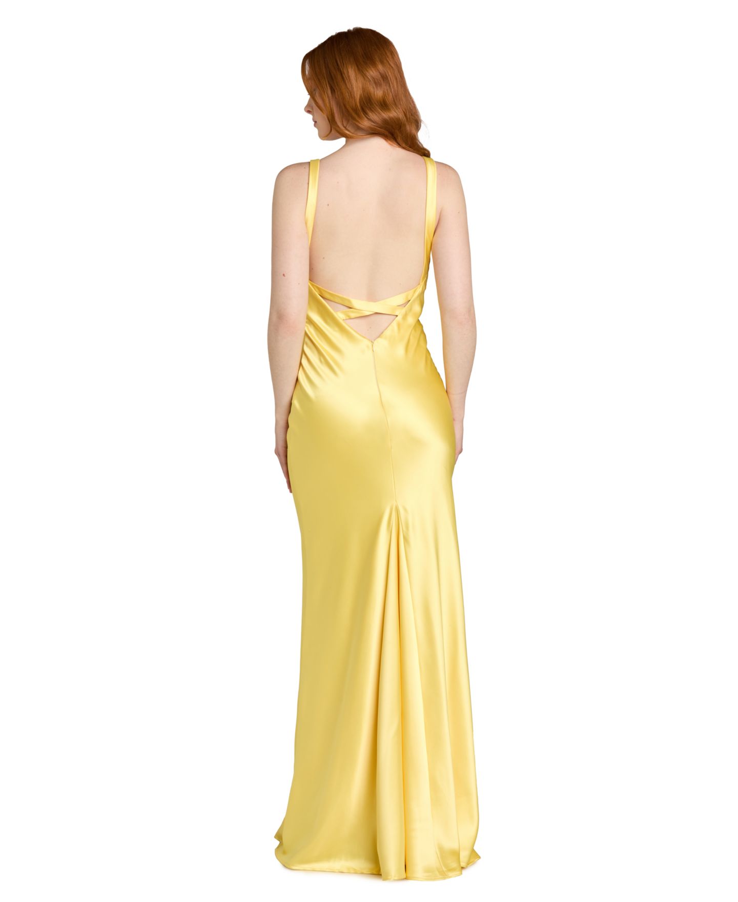 Женское платье Morgan & Company Juniors' Stretch V-Neck Bar Back Long Gown, цвет: Жёлтый — фото 4