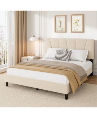 Platform Bed Frame for Kids, Linen Upholstered Headboard & Wooden Slats Support, Noise-Free Mattress Foundation/No Box Spring Needed