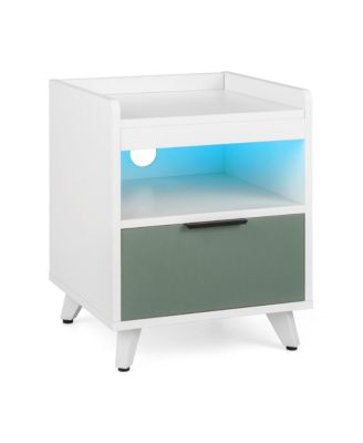2PCS Nightstand Modern Beside End Table w/ LED Lights Open Compartment & Drawer